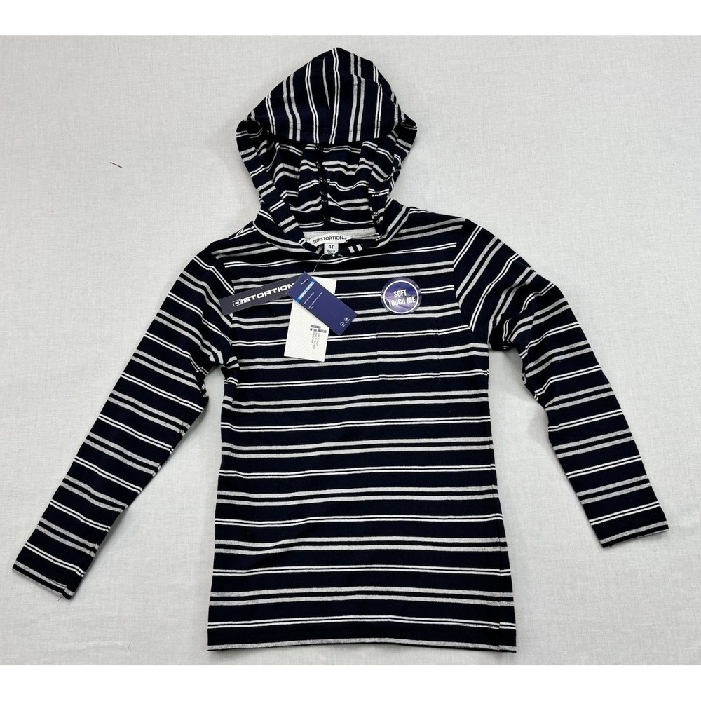 NEW‎ Distortion Hooded Jersey Top Soft Cotton Stripe Navy Toddler Unisex 4T